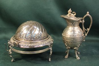 Antique Victorian Silverplate Butter Dish W/glass Insert  & Engraved SP Pitcher, 7'x &'h (90)