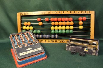 Vintage Abacus 21.5x9', Wolverine Adding Machine, Rubber Stamp Numbers,   (90)