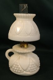 Pressed Milk Glass Miniature Finger Oil Lamp Complete W/burner & Chimney (cracked), 8.5'H  (93)
