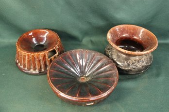 Antique 3 Glazed Eware Spittoons, Crack On One And Repair In One  (93)