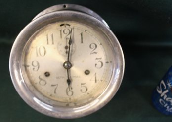 Seth Thomas Antique Maritime Ship Porthole Clock W/silver Trim, Chimes & Runs, 7'D  (95)