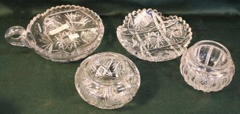 4 Pcs - 6'D Cut Glass Bowl, Cut Glass 6' Nappie Signed Libby (a Few Dings), 2 Dresser Jars W/no Lids  (96)