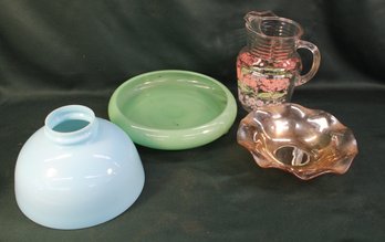 3 Legged Glass Bowl, Blue Glass Shade, Depression Glass Bowl, & 10'H Glass Pitcher  (96)