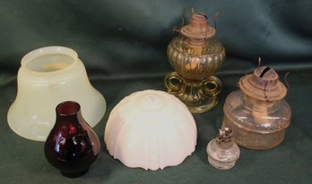 Glass Shade W/4'opening & 5'H, Purple Chimney 4.5'H Vapo Lamp Base 2.5'H, 6'D Shade (crack), 2 Oil Lamps  (99)
