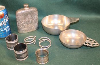 2 Pewter Bowls, 7 Napkin Rings And Embossed Repousse Flask  (99)