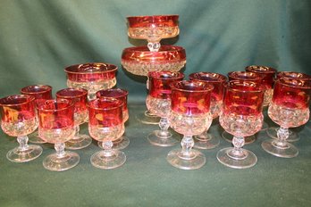 17 Flashed Ruby Glass Stems - 8 Large 6'H 6 Small 4.5'H Two 5'h Footed Bowls & 7'h Footed Bowl(9)