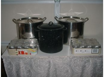 3 Canning Pots With 24 1/2 Pint Jars  (104)