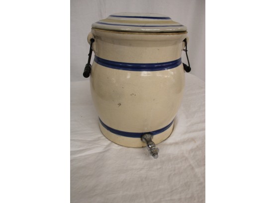 Blue Banded Glazed Stoneware Water Cooler W/Spigot, Lidded, 11'Dx 14'H(380)