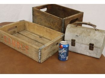 2 Wooden Soda Boxes, Old Aluminum Lunchbox   (368)