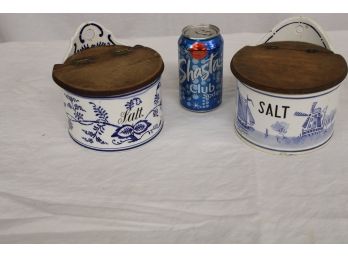 Pair Blue On White Porcelain Salt Bowls With Wood Lids, GMT& Bros, Germany  (374)