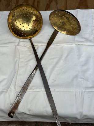 Two Antique Primitive Brass & Iron Strainers
