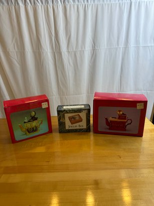 NIB Lot - Jewelry Box And Two Teapots
