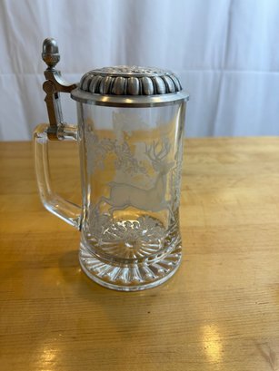 Vintage Etched Glass Deer Pewter Top Beer Stein Or Mug