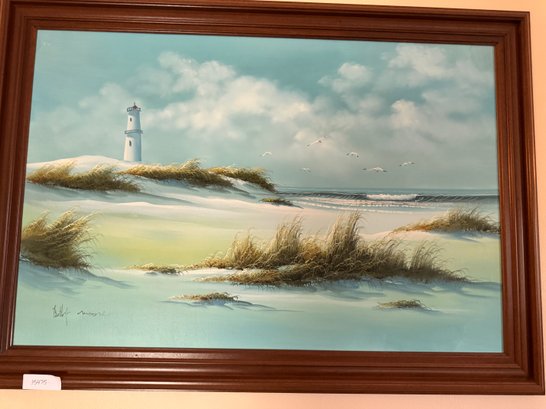 Vintage Framed And Signed Lighthouse Beach Painting