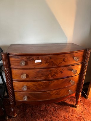 Late 19th Century English Mahogany Bow Front Chest Of Drawers With Large Glass Knobs