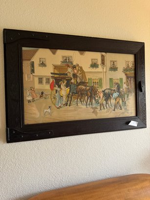 Antique Arts And Crafts Lithograph Of Stage Coach And Horses Arrival With Wonderful Mission Oak Frame