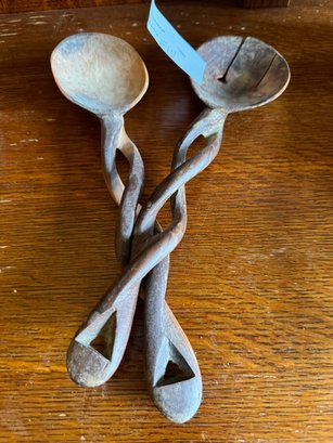 Pair Of Wood Vintage Decorative Twist Spoons