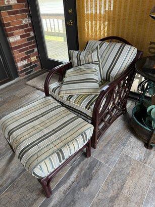 Rattan Chair And Ottoman With Cushions