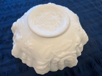 Vintage Frosted Milk Glass Rose Pattern Bowl