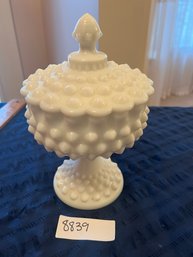 Large Footed Hobnail Milk Glass Lidded Dish