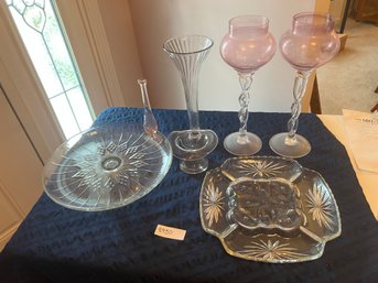 Large Glass Lot Including Cake Plate /glass Hat / Candle Holders  & More!