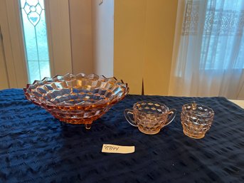 Pink Depression Glass - Jeanette Glass Cubist - Cream Sugar & Footed Bowl