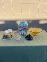 Glass & Pottery Lot - Vase Creamer And Amber Pie Plate