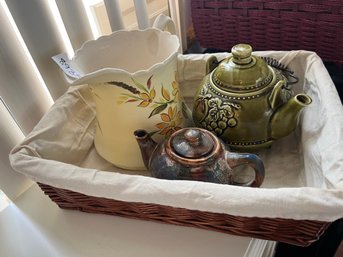 Teapots & Pitcher In Basket Lot