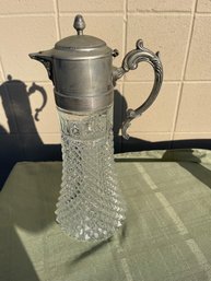 Antique Diamond Point Tall Carafe / Pitcher With Metal Lid