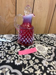 Gorgeous Vintage Fenton Hobnail Opalescent Cranberry Art Glass Cruet With Stopper! Original Fenton Sticker