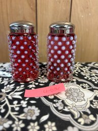 Gorgeous Vintage Fenton Hobnail Opalescent Cranberry Art Glass Salt & Pepper W/ Original Fenton Sticker