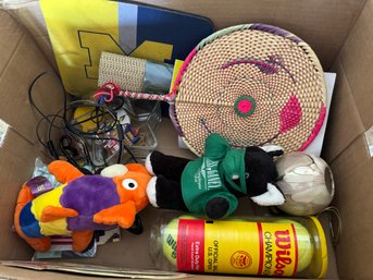 Mixed Box Lot Of Smalls -uofM Items, Tennis Balls, Decor, & More!