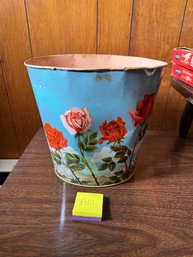 Vintage Chenco Blue And Pink Metal Waste Basket With Floral Design