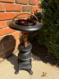 Vintage Pot Belly Stove Metal & Glass Ashtray Stand