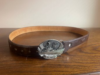 Navy Buckle And Leather Belt