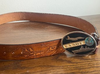 Navy Buckle And Hammered Leather Belt