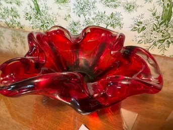 Vintage Ruby Red Murano Art Glass Ruffled Bowl