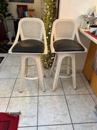 Pair Of Off White Cane Back Bar Stools With Leather Seats