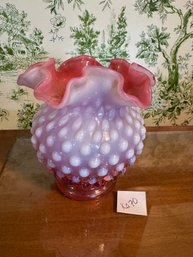 Gorgeous Fenton Art Glass Hobnail Cranberry Opalescent Ruffled Top Vase