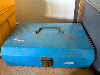 Vintage Blue Metal Toolbox & Antique Lock