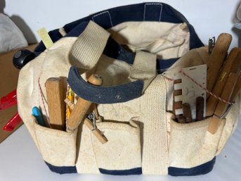 Carrying Case Or Tote Bag Filled With Basket Weaving Tools And Supplies