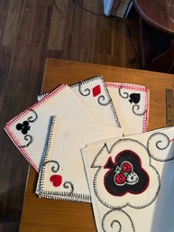 Vintage Hand Sewn And Embroidered Card Themed Table Linen And Napkins