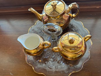 Vintage Glass Tidbit Tray & Gold Tea Pot Creamer & Sugar