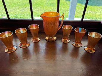 Vintage Jeanette Glass Marigold Crackle Carnival Glass Pitcher And 6 Tumbler Set