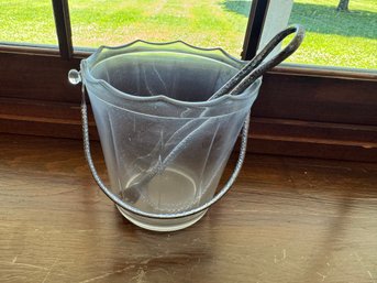 Vintage Glass Ice Bucket With Handle  And Tongs