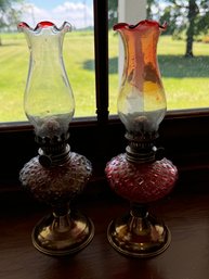 Lot Of Two Mini Vintage Glass Oil Lamps - Green & Red