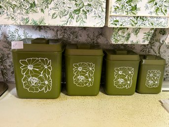 Vintage 1970's Plastic Kitchen Nesting Canister Set Green White Flowers