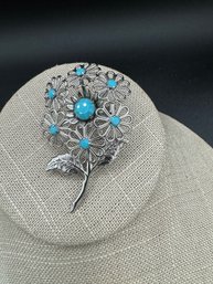 Vintage Turquoise Blue Rhinestone Flower Brooch / Pin