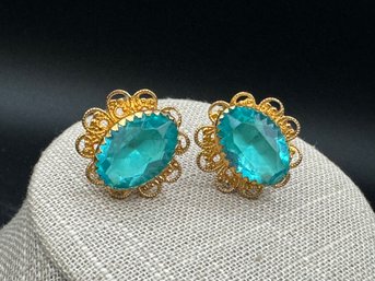 Vintage Blue Rhinestone Screw Back Earrings