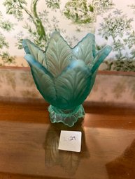 Vintage Beautiful Fenton Art Glass Blue Opalescent Glass Candle Holder